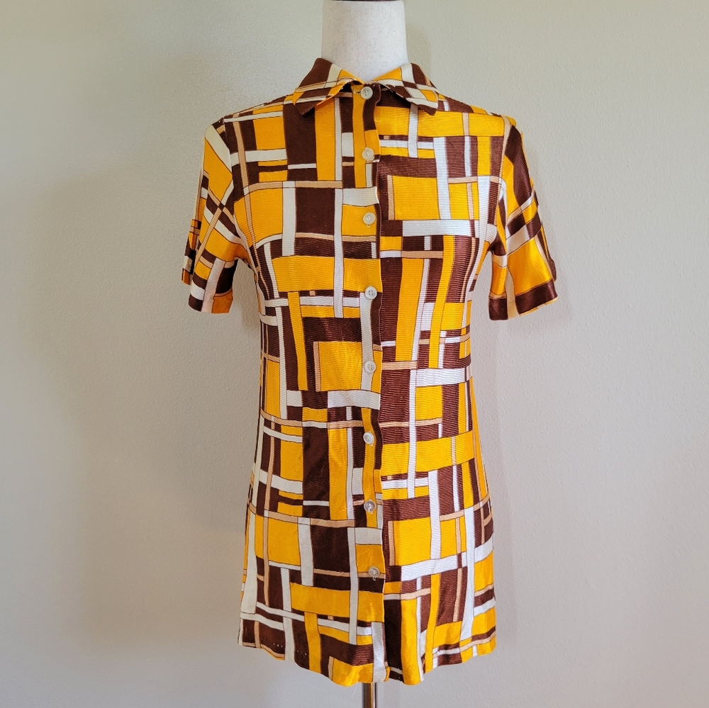 Montgomery Ward | 70s Vintage Geometric Print Collared Shirt Mini Dress